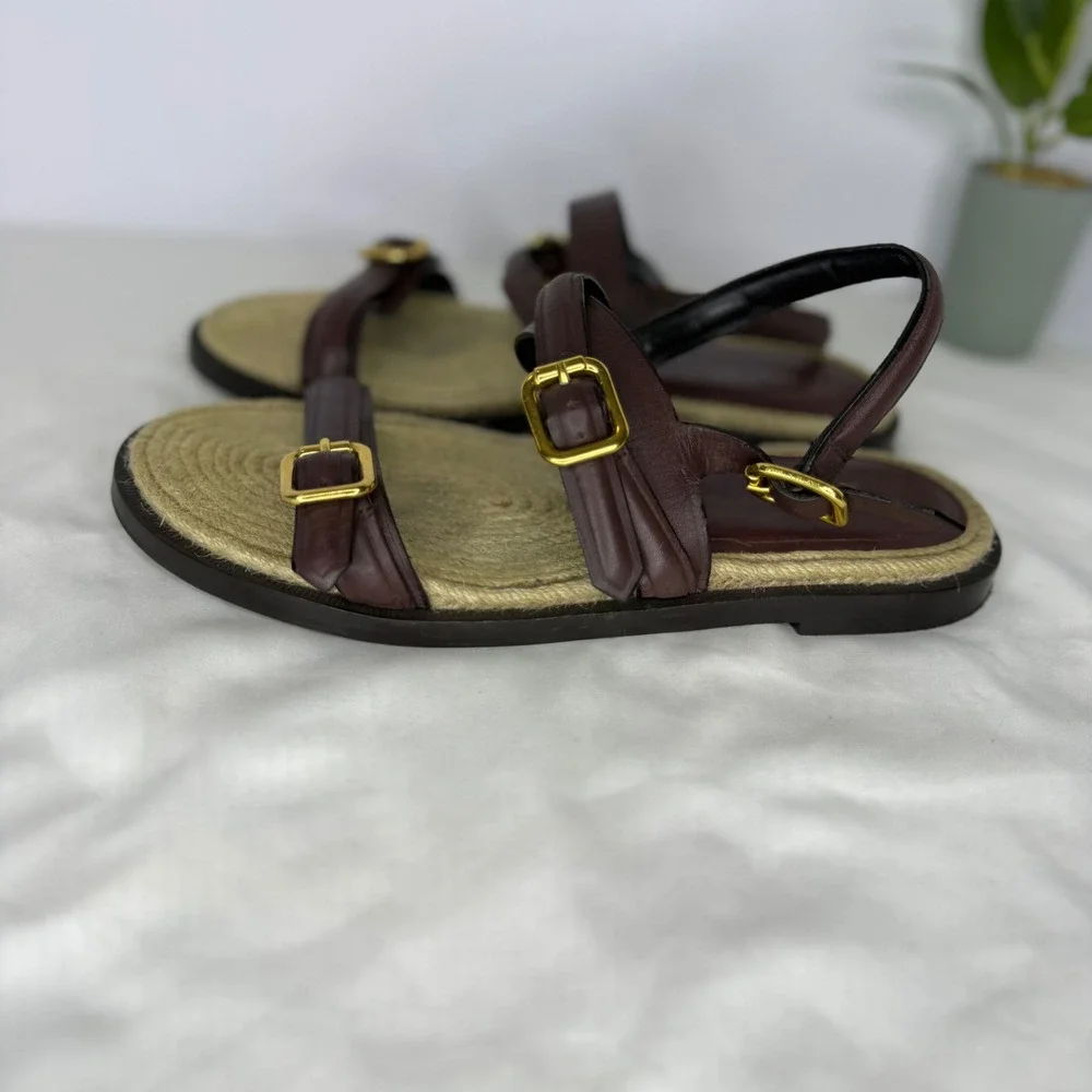 Zara Burgundy Leather Jute Buckle Strappy Flat Sandals Shoes Womens 39 8.5 - Picture 5 of 10